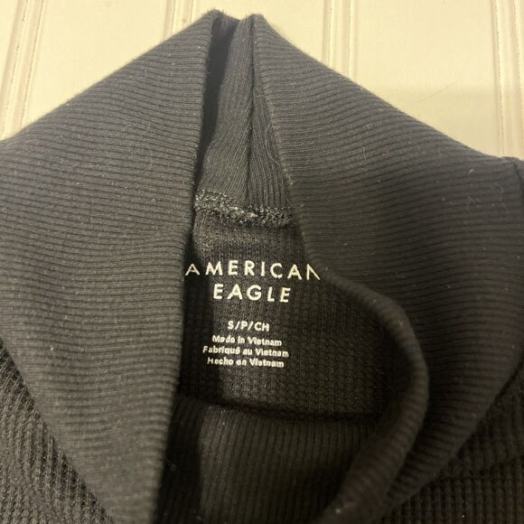 American Eagle Black Ribbed Mock Neck Long Sleeve Top Size S Stretch Fitted - Picture 2 of 9